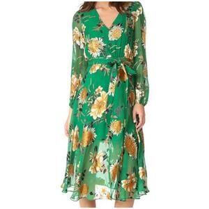 Alice + Olivia Floral Velvet Details Coco Green Plunging V-neck Dress Sz 2